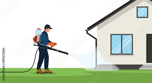 A pest control worker wearing a cap and gloves is spraying insecticide around the foundation of a house with a backpack sprayer.