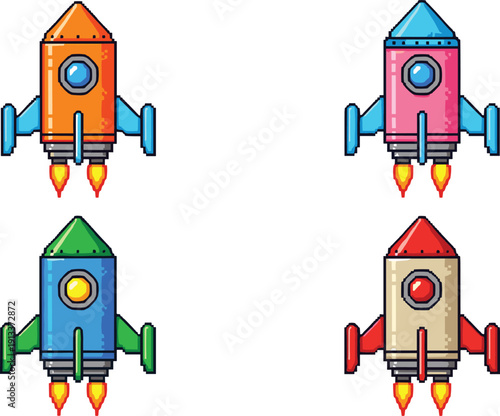 Colorful cartoon rockets in four different colors space orange