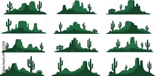 Desert landscape silhouettes with cacti and rock formations cactus