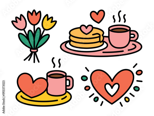 Colorful Heart-Themed Breakfast Illustration with Tulips and Coffee