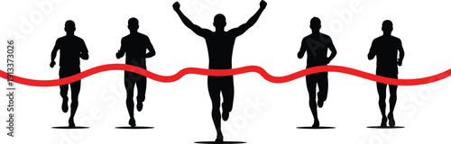 Five runners crossing finish line one ahead running red ribbon silhouettes