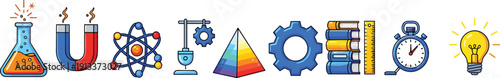Colorful science and education including beaker, magnet, atom, test tube, gear, books, timer, and lightbulb