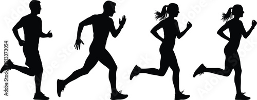 Four black silhouettes of people running exercise fitness 1