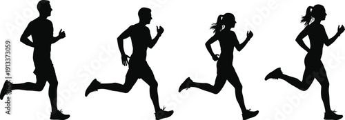 Four black silhouettes of people running exercise fitness