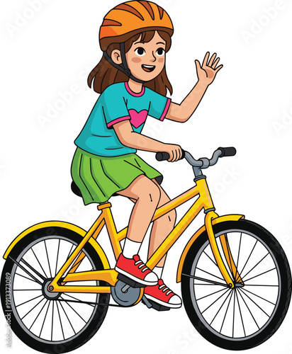 Girl riding yellow bicycle waving while wearing orange helmet bike child cartoon