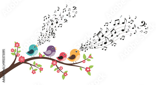 Five brightly colored cartoon birds sit on a tree branch with pink blossoms, singing cheerfully with numerous music notes rising.