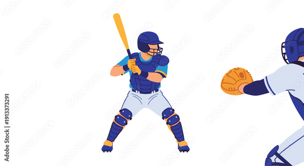 Obraz premium A baseball batter in full blue protective gear, helmet and chest protector, stands holding a bat, facing a partial catcher.