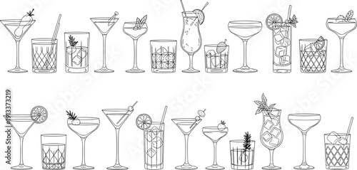 Line of various cocktails with garnishes and ice martini glasses highball glasses cocktail glasses mixed drinks