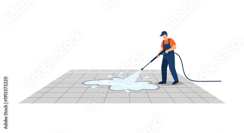 A male worker in a blue uniform is operating a pressure washer, cleaning a tiled outdoor surface, creating a large puddle of water.
