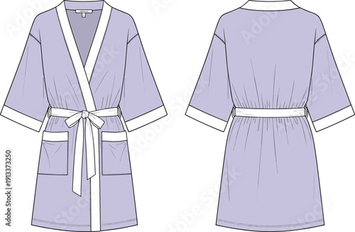 Lavender robe with white trim front and back view purple belt