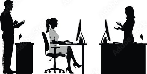 Office workers silhouettes at desks with computers