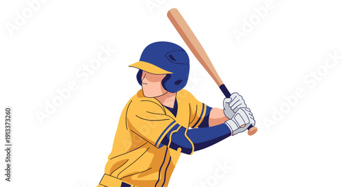 A baseball player in a yellow and blue uniform and blue helmet stands in a batting stance, holding a bat.