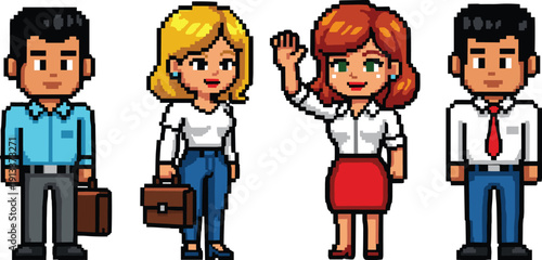 Pixel business people characters cartoon office workers coworkers
