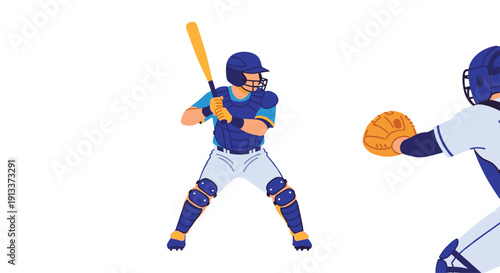 A baseball batter in full blue protective gear, helmet and chest protector, stands holding a bat, facing a partial catcher.