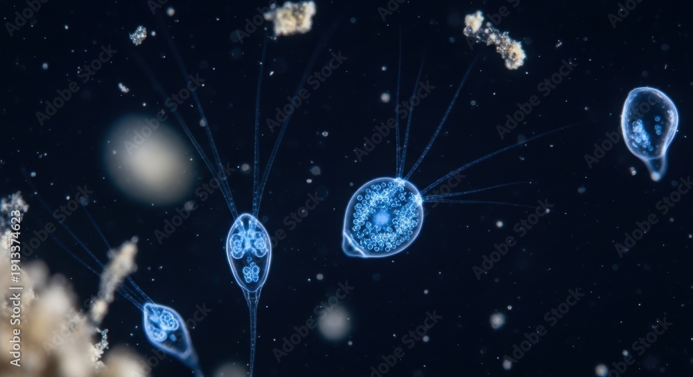 Fototapeta premium Microorganisms with translucent bodies and radiating cilia move through dark water, representing concepts of biology, science, marine life, and fundamental life forms