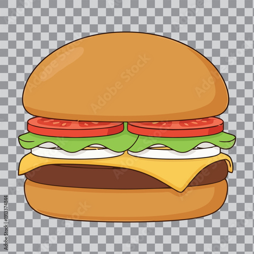Cartoon burger with tomatoes, lettuce, onions, cheese, and meat patty
