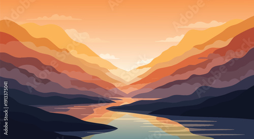 Stylized mountain landscape with warm sunset colors and a distant lake