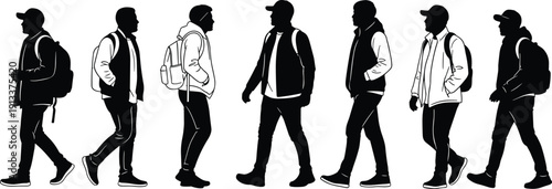 Collection of Young Male Students Walking with Backpacks and Casual Jackets in Different Poses Professional Silhouette Flat Vector Illustration