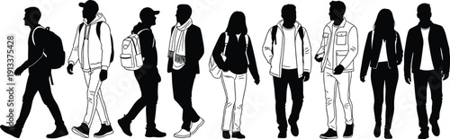 Diverse Group of Young Male Students Walking with Backpacks and Casual Wear in Different Poses Professional Silhouette Flat Vector Illustration