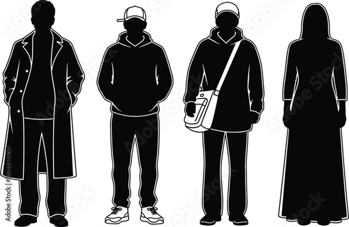 Black Silhouette of People Wearing Winter Coats Hoodies and Modest Long Dresses for Seasonal Fashion and Urban Casual Lifestyle Design Concepts