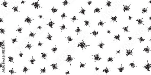 Black ink splatters and splashes scattered across a white background abstract design