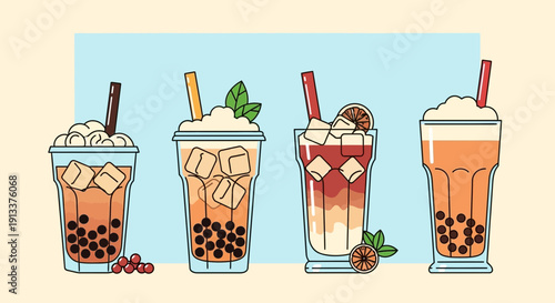 Assorted Bubble Tea Drinks with Toppings and Straws Illustration.