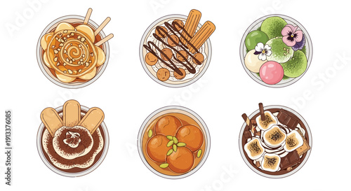 Assorted Dessert Bowls Pancakes Mochi and More.