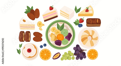 Assortment of Delicious Desserts Cakes Fruits and Sweet Treats.