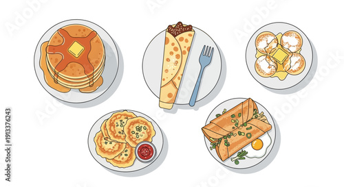 Assortment of Delicious Breakfast Foods Pancakes Wrap Dumplings and More.