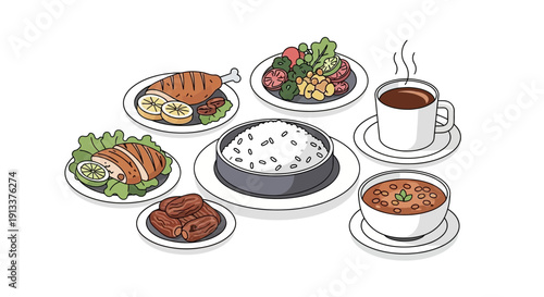 Assortment of Delicious Dishes A Culinary Feast Illustration.