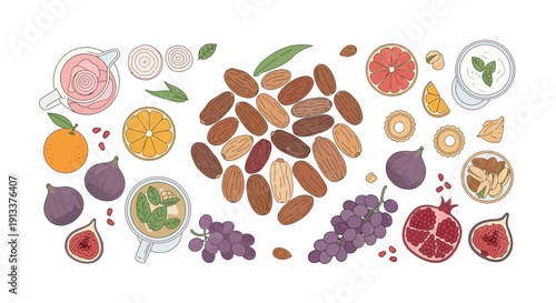 Assortment of Fruits Nuts and Beverages Overhead View.