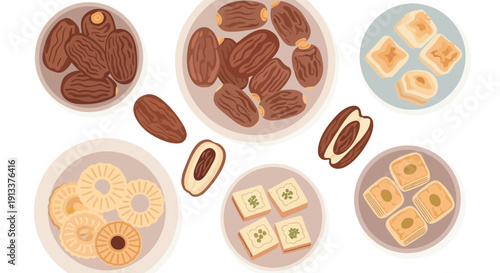 Assortment of Middle Eastern Sweets and Dates in Bowls.