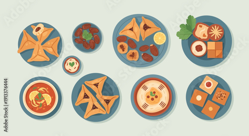 Assortment of Middle Eastern Dishes on Plates Overhead View.
