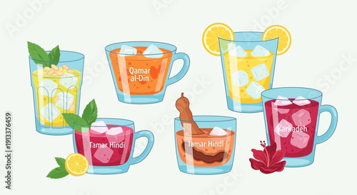 Assortment of Refreshing Summer Drinks with Ice and Garnishes.