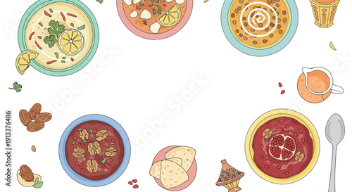 Assortment of Soups and Beverages Arranged in a Circular Pattern.