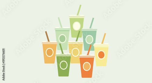 Colorful Drink Cups with Straws Arranged in a Pyramid.