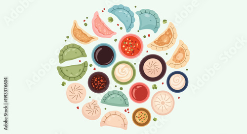 Colorful Dumplings and Dipping Sauces Arranged in a Circle.