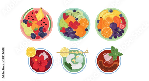 Colorful Fruit Bowls and Refreshing Drinks Illustration.