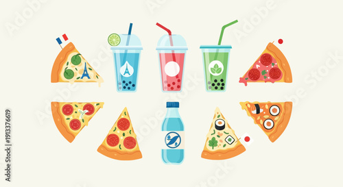 Colorful Pizza Slices and Refreshing Drinks Illustration.