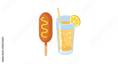 Corn Dog with Mustard and Refreshing Orange Juice.