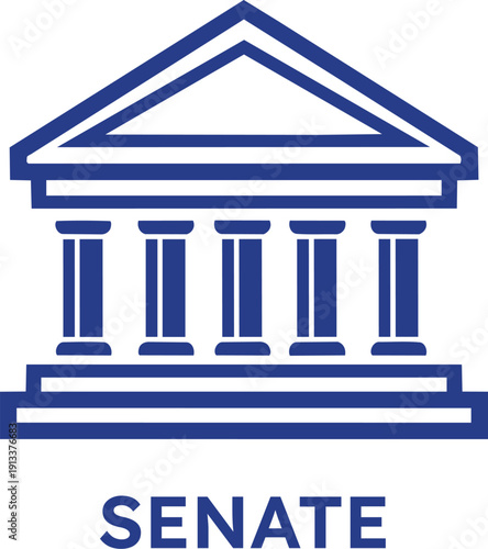 Blue senate building icon with columns and triangular roof on transparent background