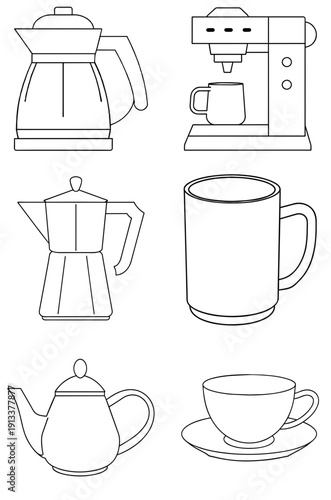 Variety of coffee and tea brewing equipment line art
