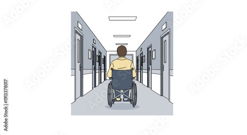 A person from behind sits in a wheelchair in a long, detailed hospital hallway with numerous doors and ceiling lights.