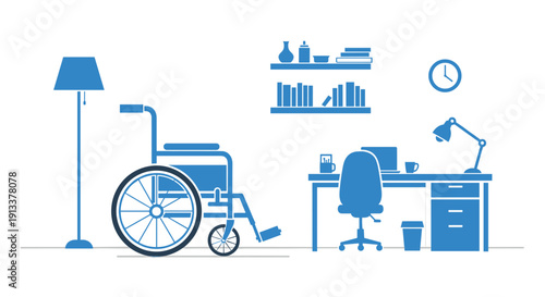 A monochromatic blue room displays a wheelchair next to a floor lamp, an office desk with a laptop, and a bookshelf.
