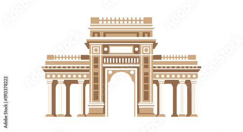 A stylized brown and beige classical archway featuring multiple pillars and a decorative, flat-roofed upper section.