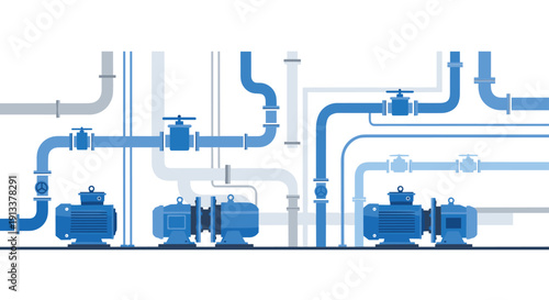 A seamless horizontal illustration featuring an intricate arrangement of blue industrial pumps, grey pipes, and connecting valves.