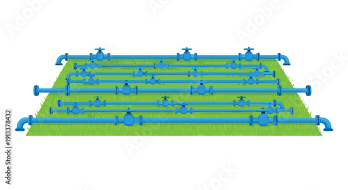 A complex network of blue industrial pipes equipped with multiple valves is meticulously arranged on a vibrant green grass patch.