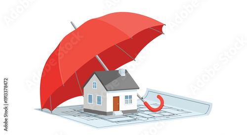 A detailed small house with a brown door and white windows is covered by a red umbrella placed on a blueprint.