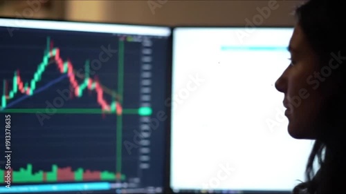 Woman Viewing Complex Stock Market Candlestick Chart on Wide Monitor, Over-the-Shoulder