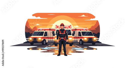 A confident paramedic stands in the foreground, with two ambulances parked behind on a road during a vibrant sunset.